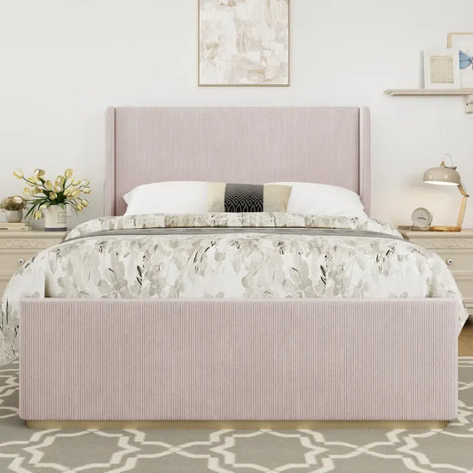 King Size Corduroy Upholstered Bed with 47 Wingback Headboard & Metal/Wood Frame (No Box Spring Needed)