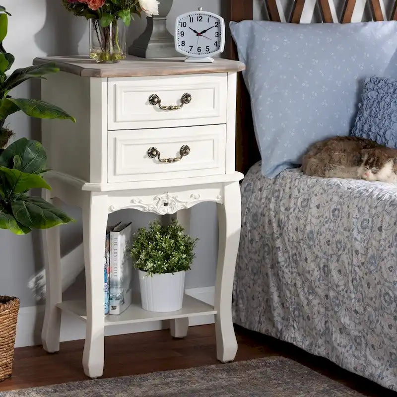 Amalie Antique French Country Cottage Two-Tone White and Oak Finished 2-Drawer Wood End Table