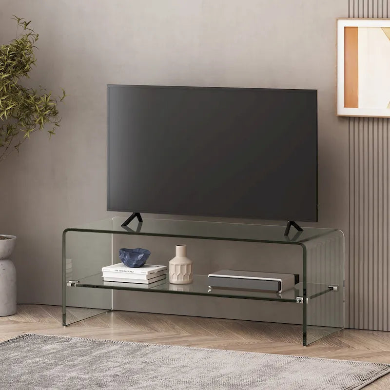 Clear 39.37  TV Stand with Open Back Design and Glass Shelf for TVs Up to 39