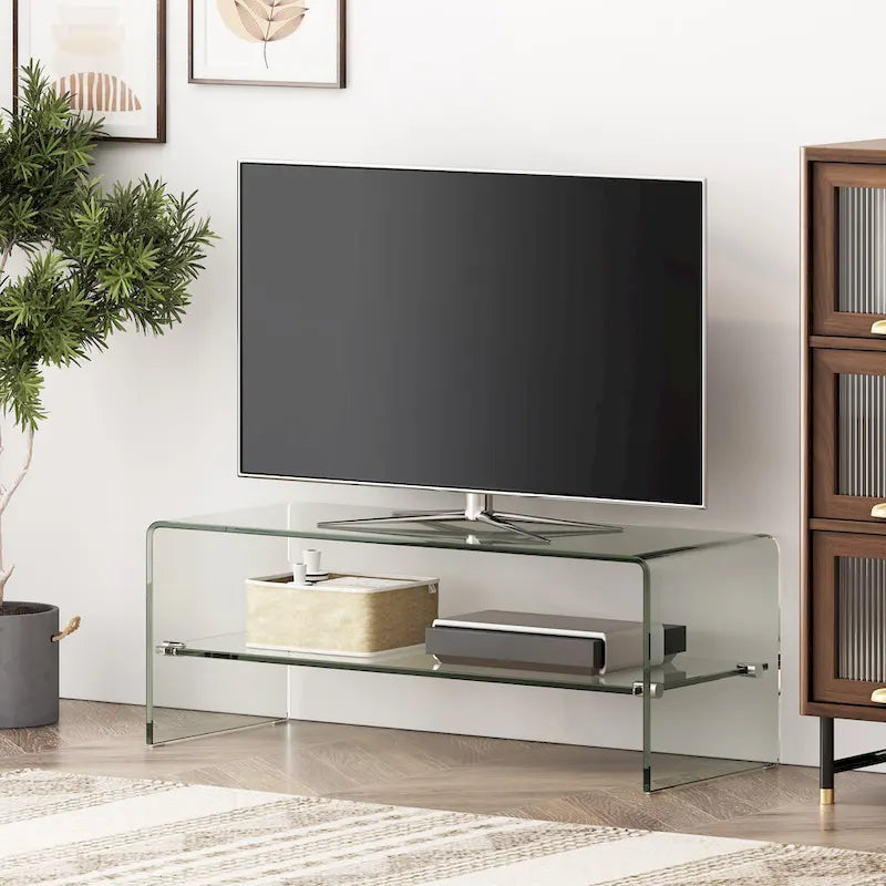 Clear 39.37  TV Stand with Open Back Design and Glass Shelf for TVs Up to 39