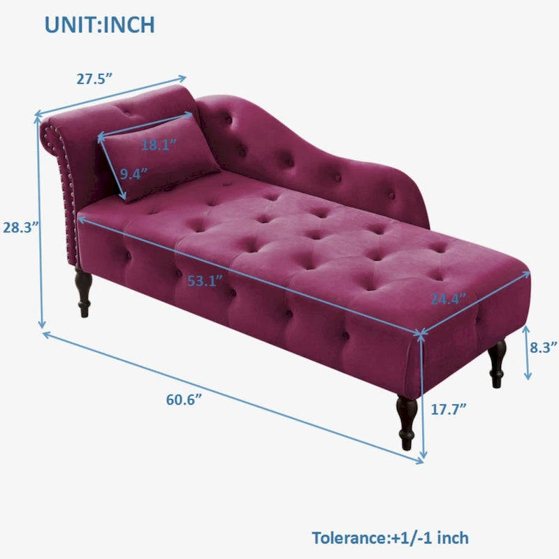 60.6  Velvet Upholstered Button Tufted Chaise Lounge Chair with Nailheads