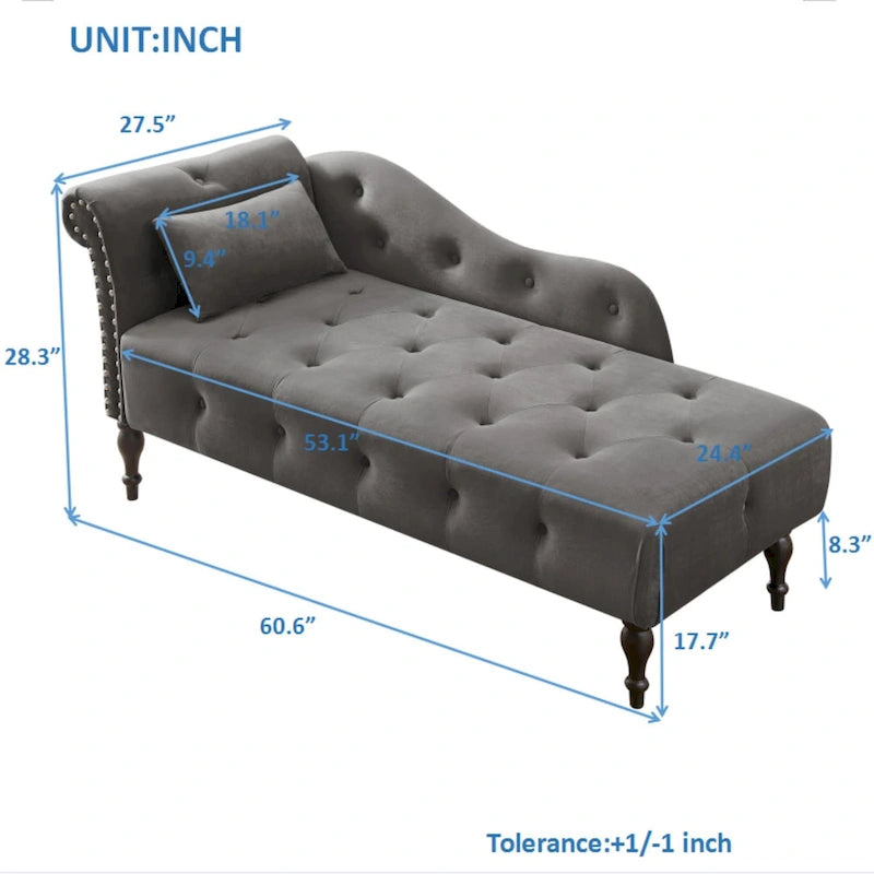 60.6  Velvet Upholstered Button Tufted Chaise Lounge Chair with Nailheads