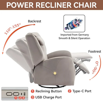 Swivel and Rocker Power Recliner Chair with Lumbar and Neck Support Pillow, Max Swivel Degree 270, USB and Type-C Ports