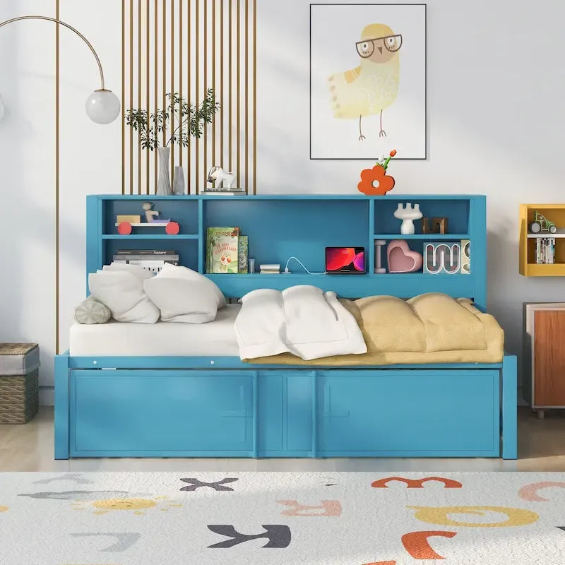 Twin Size Metal Upholstered Daybed w/ Twin Size Trundle Bunk Bed Frame & USB Ports & Storage Shelves Space-Saving, Easy Assembly