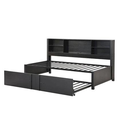Twin Size Metal Upholstered Daybed w/ Twin Size Trundle Bunk Bed Frame & USB Ports & Storage Shelves Space-Saving, Easy Assembly