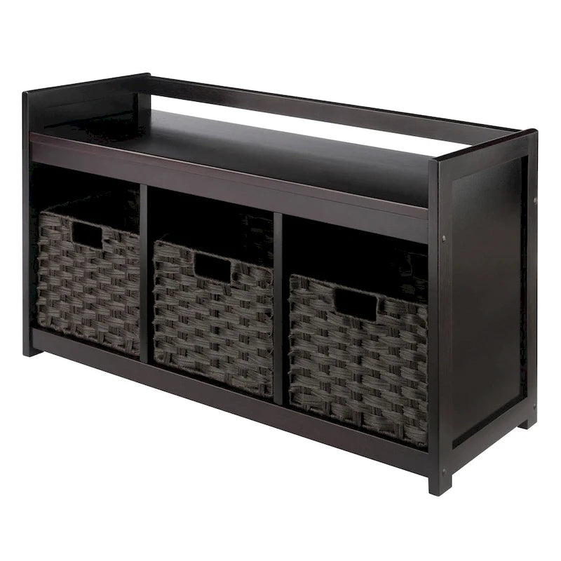 4 Pc Storage Bench 3 Foldable Woven Baskets 37.5  Espresso Chocolate