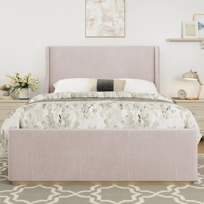 King Size Corduroy Upholstered Bed with 47  Wingback Headboard & Metal/Wood Frame (No Box Spring Needed)
