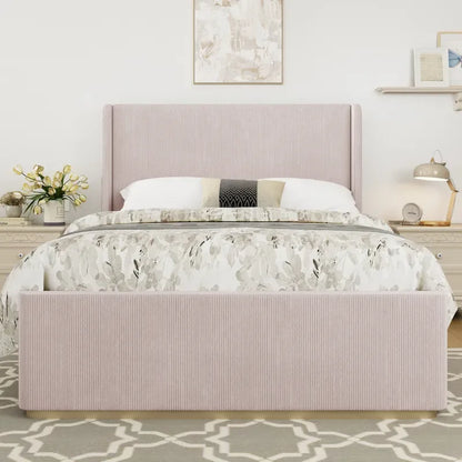 King Size Corduroy Upholstered Bed with 47  Wingback Headboard & Metal/Wood Frame (No Box Spring Needed)