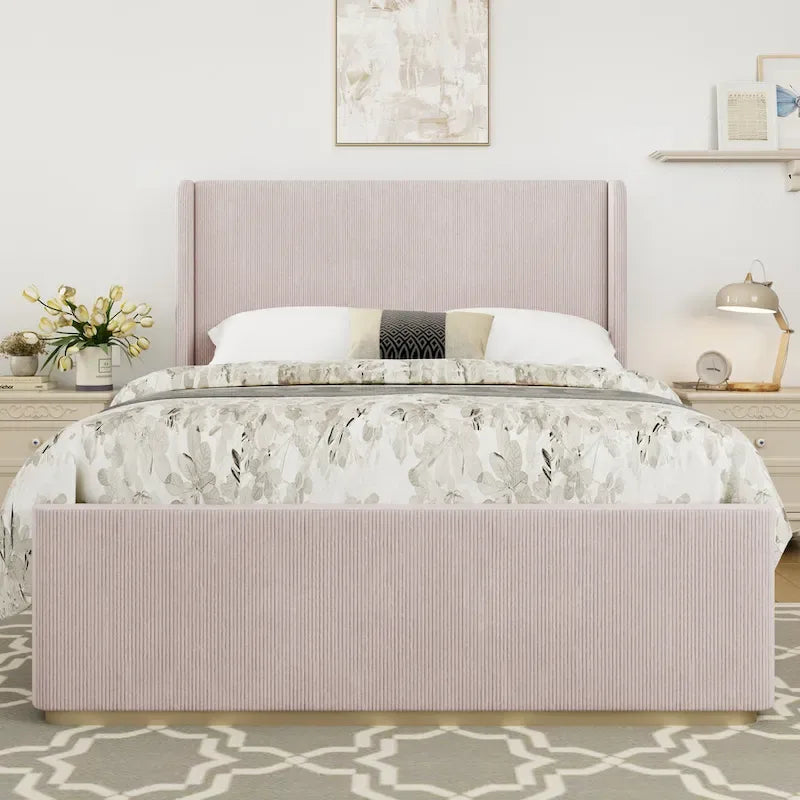 King Size Corduroy Upholstered Bed with 47  Wingback Headboard & Metal/Wood Frame (No Box Spring Needed)