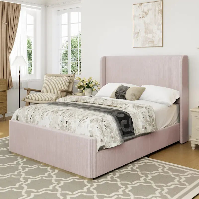King Size Corduroy Upholstered Bed with 47  Wingback Headboard & Metal/Wood Frame (No Box Spring Needed)