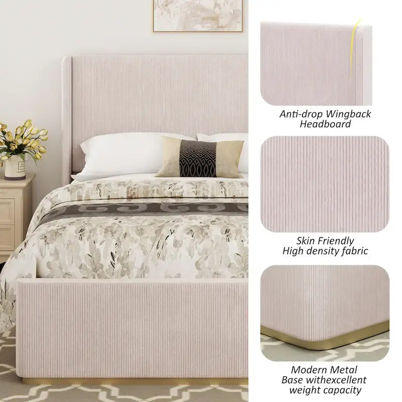King Size Corduroy Upholstered Bed with 47  Wingback Headboard & Metal/Wood Frame (No Box Spring Needed)