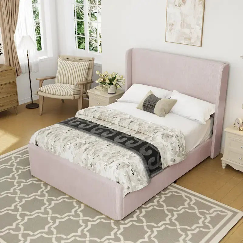 King Size Corduroy Upholstered Bed with 47  Wingback Headboard & Metal/Wood Frame (No Box Spring Needed)