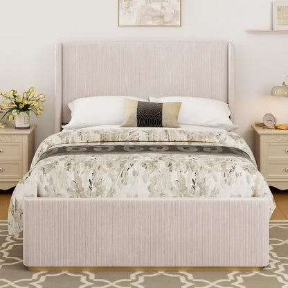 King Size Corduroy Upholstered Bed with 47  Wingback Headboard & Metal/Wood Frame (No Box Spring Needed)