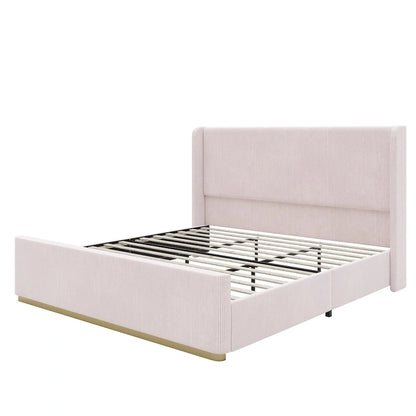 King Size Corduroy Upholstered Bed with 47  Wingback Headboard & Metal/Wood Frame (No Box Spring Needed)