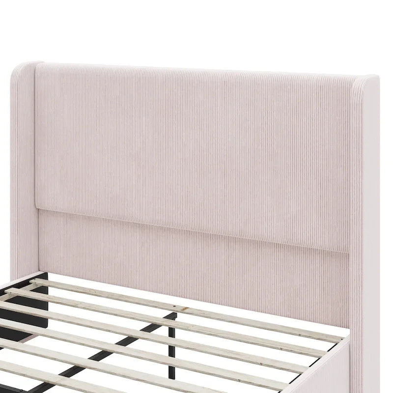 King Size Corduroy Upholstered Bed with 47  Wingback Headboard & Metal/Wood Frame (No Box Spring Needed)