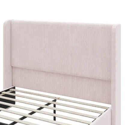 King Size Corduroy Upholstered Bed with 47  Wingback Headboard & Metal/Wood Frame (No Box Spring Needed)