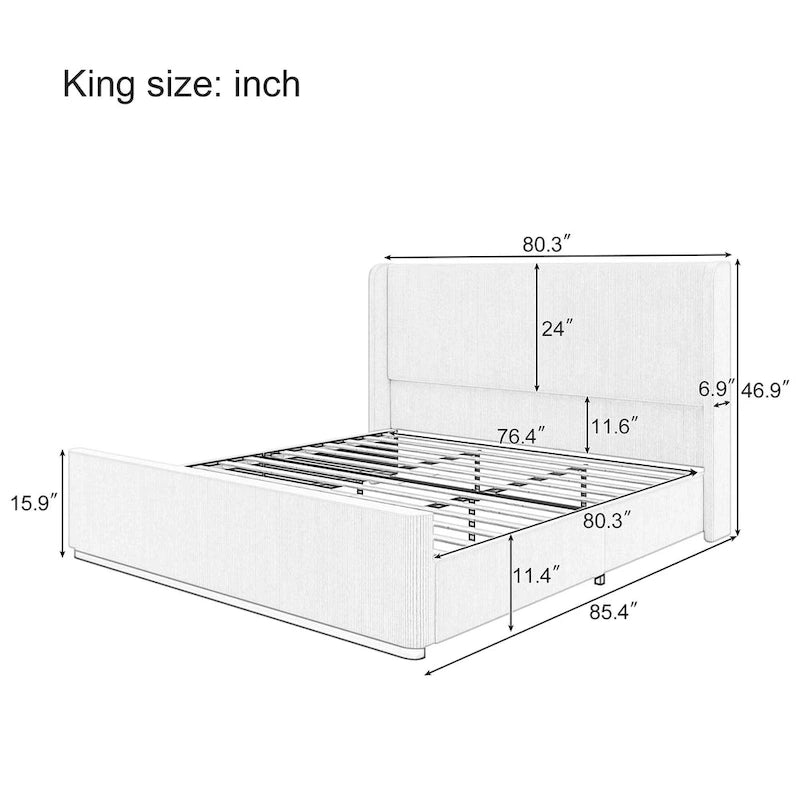 King Size Corduroy Upholstered Bed with 47  Wingback Headboard & Metal/Wood Frame (No Box Spring Needed)