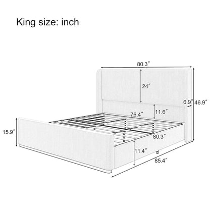 King Size Corduroy Upholstered Bed with 47  Wingback Headboard & Metal/Wood Frame (No Box Spring Needed)