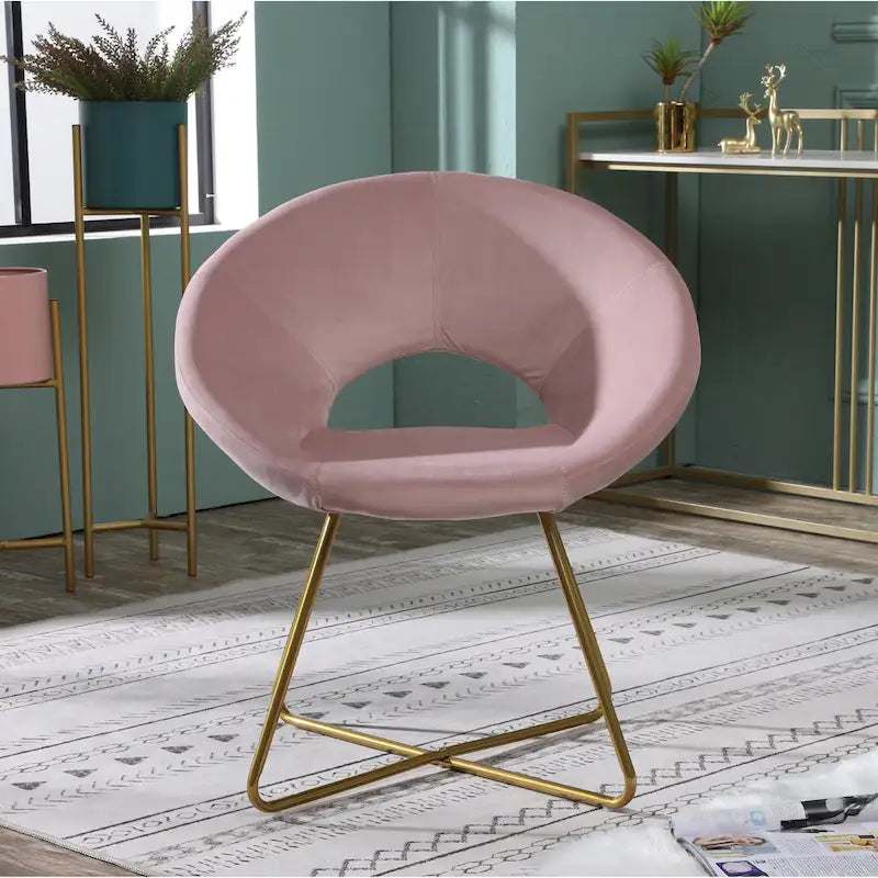Pink Modern 28  Polyester Upholstered Accent Chair with Gold Tone Finished Base and Metal Sled Legs