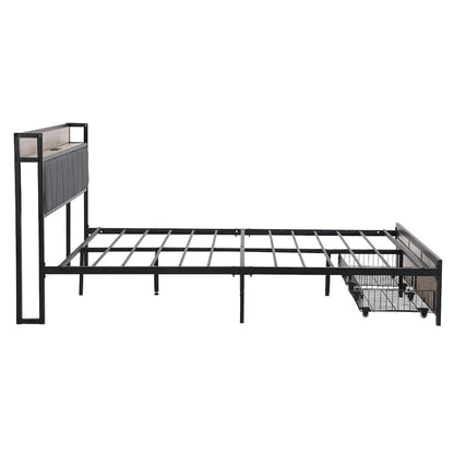 Black+Grey Full Size Metal Bed with Upholstered Storage Headboard and USB