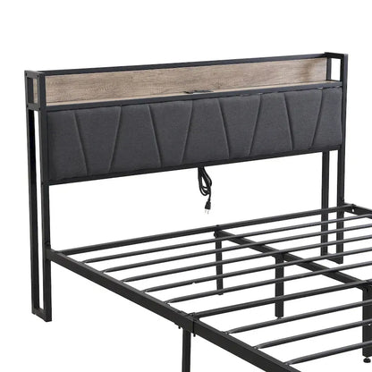 Black+Grey Full Size Metal Bed with Upholstered Storage Headboard and USB