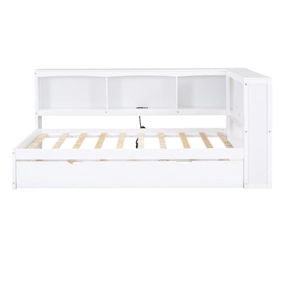 Twin Wooden Daybed with Trundle, Cabinets, and Charging Stations