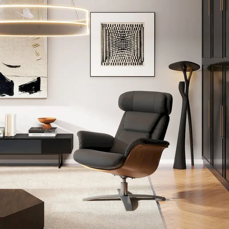 Jovan 31.5  Curved Wood Genuine Leather Recliner Lounge Chair
