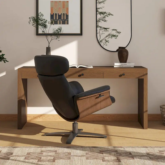 Jovan 31.5  Curved Wood Genuine Leather Recliner Lounge Chair