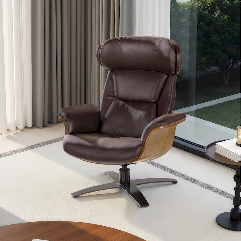 Jovan 31.5  Curved Wood Genuine Leather Recliner Lounge Chair