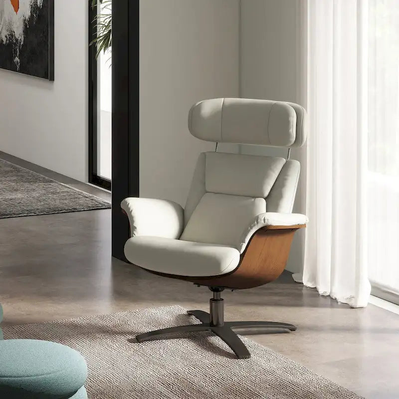 Jovan 31.5  Curved Wood Genuine Leather Recliner Lounge Chair