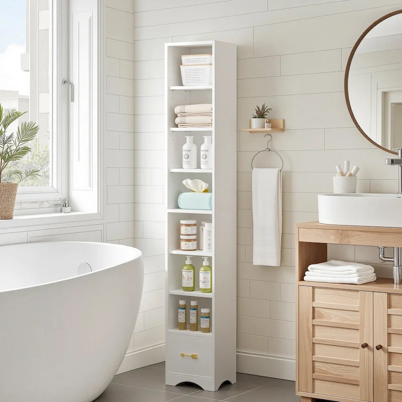 70.9 Inches Tall Bathroom Narrow Linen Cabinet, 8 Tiers Solid Wood Freestanding Storage Cabinet