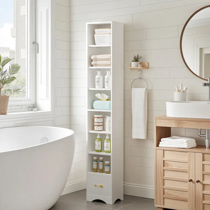 70.9 Inches Tall Bathroom Narrow Linen Cabinet, 8 Tiers Solid Wood Freestanding Storage Cabinet