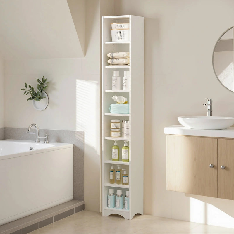 70.9 Inches Tall Bathroom Narrow Linen Cabinet, 8 Tiers Solid Wood Freestanding Storage Cabinet