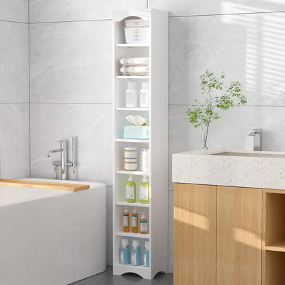 70.9 Inches Tall Bathroom Narrow Linen Cabinet, 8 Tiers Solid Wood Freestanding Storage Cabinet