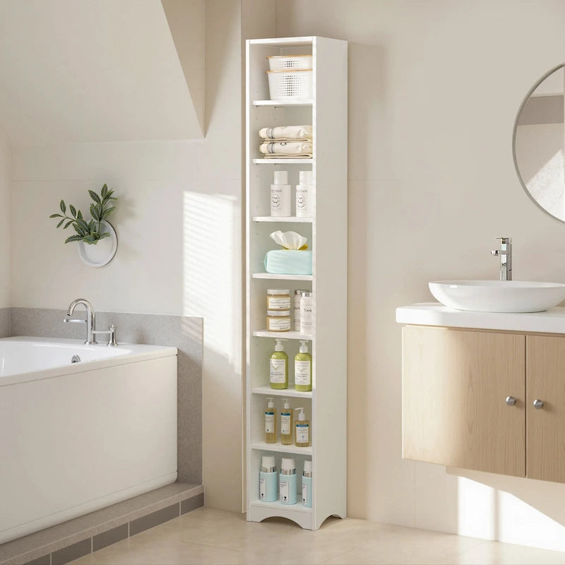70.9 Inches Tall Bathroom Narrow Linen Cabinet, 8 Tiers Solid Wood Freestanding Storage Cabinet