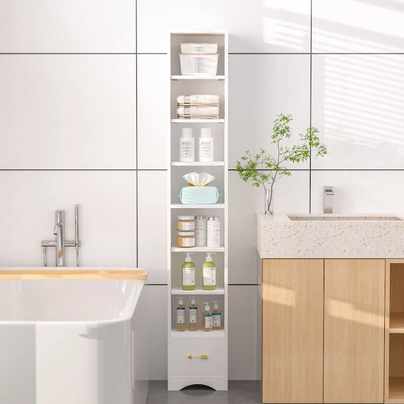 70.9 Inches Tall Bathroom Narrow Linen Cabinet, 8 Tiers Solid Wood Freestanding Storage Cabinet