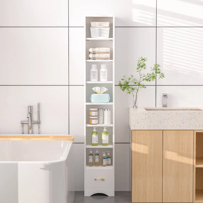 70.9 Inches Tall Bathroom Narrow Linen Cabinet, 8 Tiers Solid Wood Freestanding Storage Cabinet