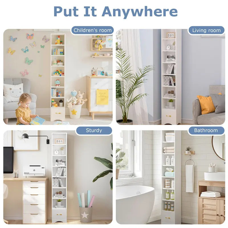 70.9 Inches Tall Bathroom Narrow Linen Cabinet, 8 Tiers Solid Wood Freestanding Storage Cabinet