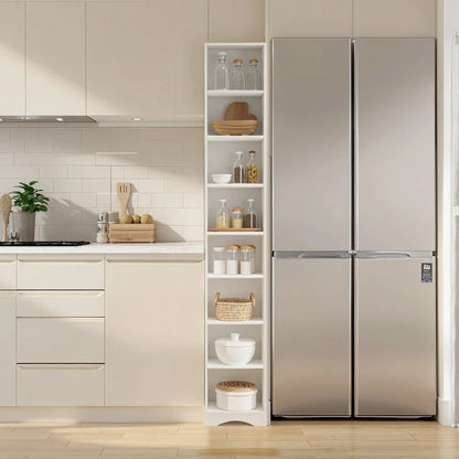 70.9 Inches Tall Bathroom Narrow Linen Cabinet, 8 Tiers Solid Wood Freestanding Storage Cabinet
