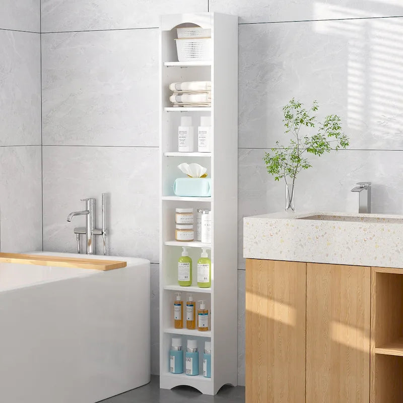 70.9 Inches Tall Bathroom Narrow Linen Cabinet, 8 Tiers Solid Wood Freestanding Storage Cabinet