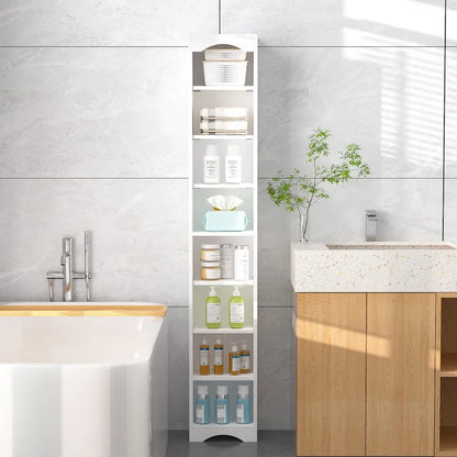 70.9 Inches Tall Bathroom Narrow Linen Cabinet, 8 Tiers Solid Wood Freestanding Storage Cabinet