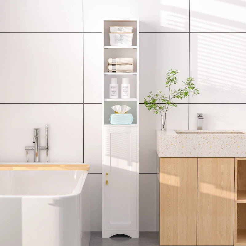 70.9 Inches Tall Bathroom Narrow Linen Cabinet, 8 Tiers Solid Wood Freestanding Storage Cabinet