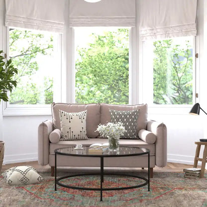 Compact Faux Linen Upholstered Loveseat with Wooden Legs