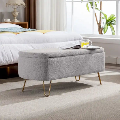 Faux Fur Entryway Bench Padded with Storage