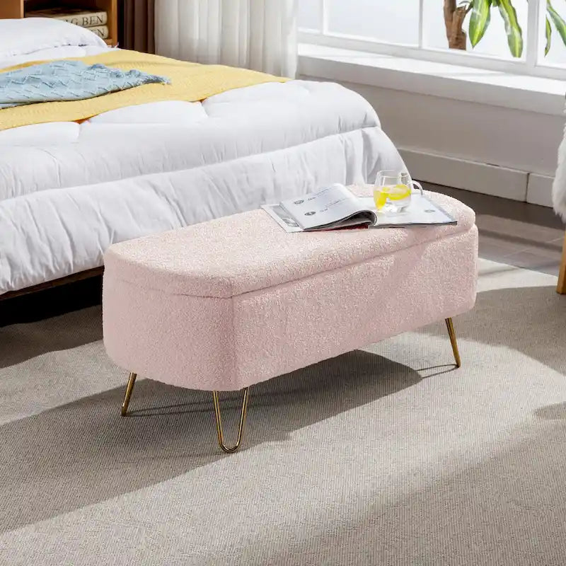 Faux Fur Entryway Bench Padded with Storage