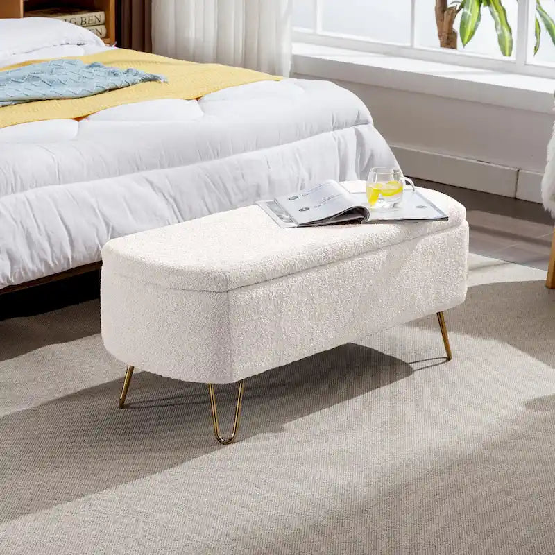 Faux Fur Entryway Bench Padded with Storage