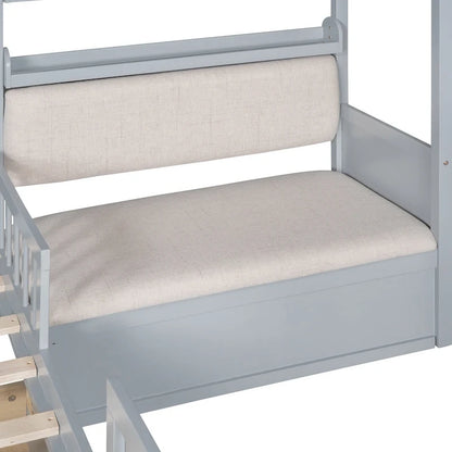 Twin Size House Bed with Sofa, Kids Platform Bed with Two Drawers and Storage Shelf, Gray