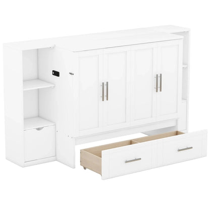 Queen Size Murphy Bed with Shelves, Drawers and USB Ports,Gray