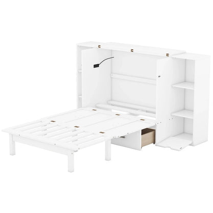 Queen Size Murphy Bed with Shelves, Drawers and USB Ports,Gray
