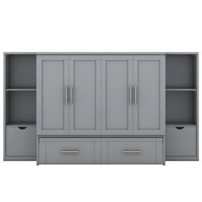 Queen Size Murphy Bed with Shelves, Drawers and USB Ports,Gray